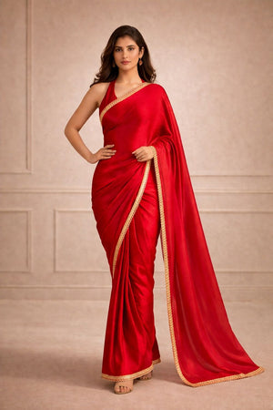 Red Solid with Lace Border Silk Ready to Wear Saree (ACA8907)
