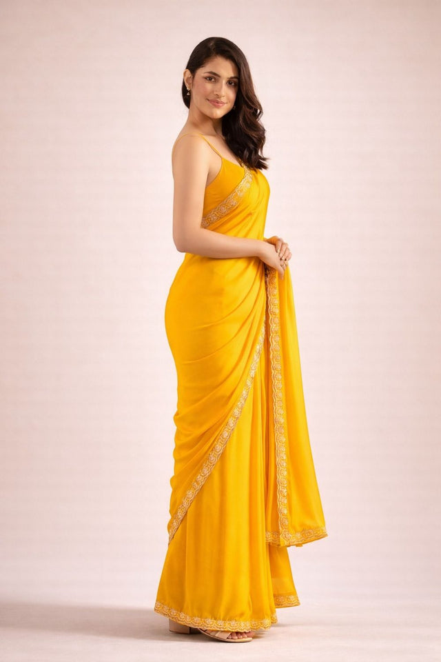 Yellow Solid with Lace Border Satin Ready to Wear Saree (ACA8908)