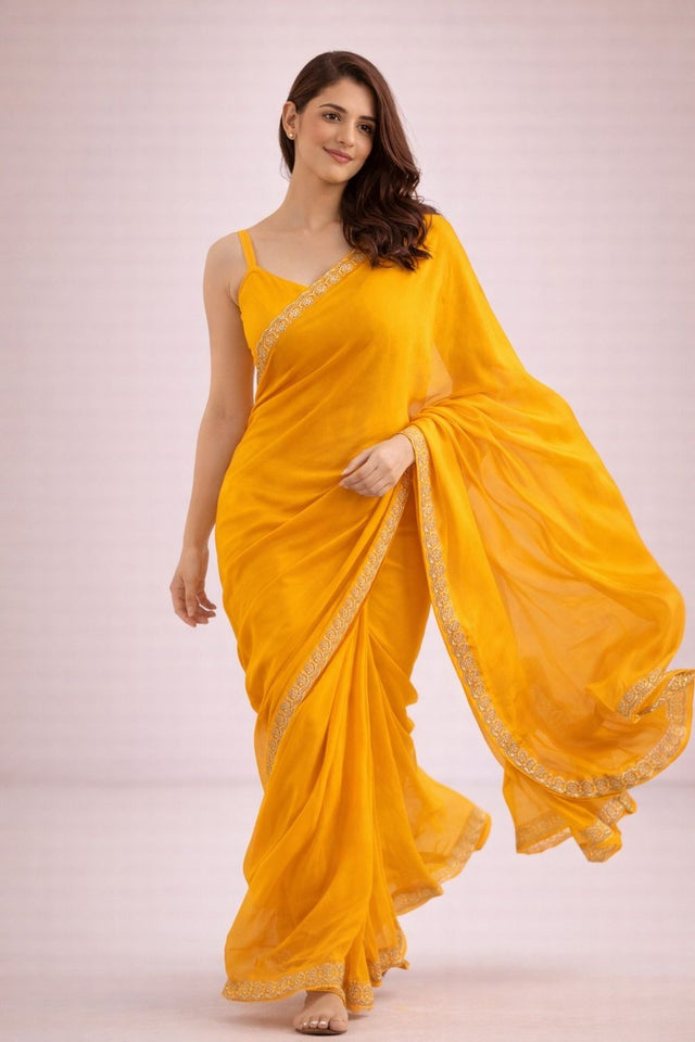 Yellow Solid with Lace Border Satin Ready to Wear Saree (ACA8908)