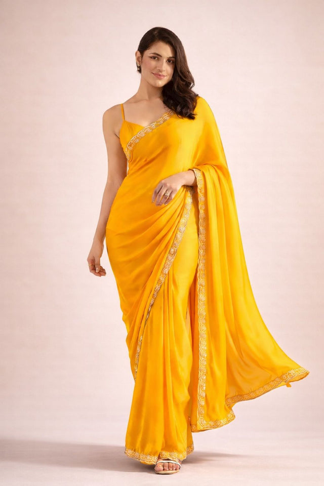Yellow Solid with Lace Border Satin Ready to Wear Saree (ACA8908)