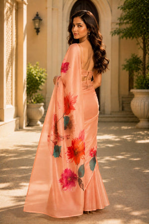 Orange Floral Printed Chanderi Saree (ACA8909)