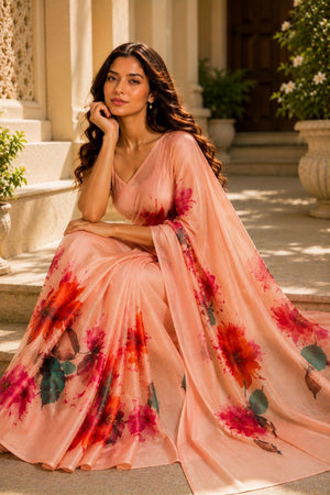 Orange Floral Printed Chanderi Saree (ACA8909)