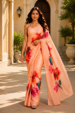 Orange Floral Printed Chanderi Saree (ACA8909)