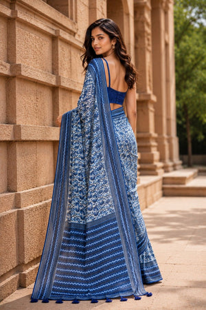 Blue Digital Printed Chanderi Saree (ACA8910)