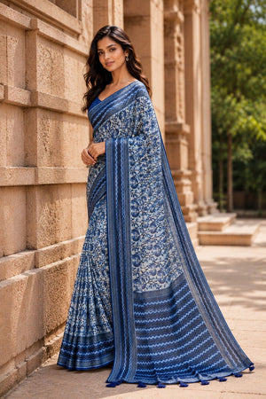 Blue Digital Printed Chanderi Saree (ACA8910)