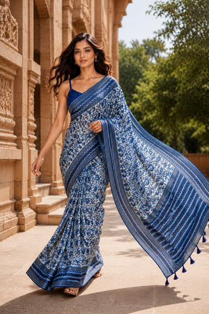 Blue Digital Printed Chanderi Saree (ACA8910)