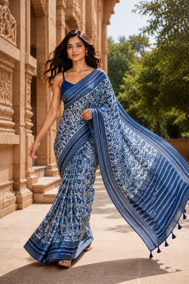 Blue Digital Printed Chanderi Saree (ACA8910)