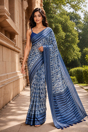 Blue Digital Printed Chanderi Saree (ACA8910)