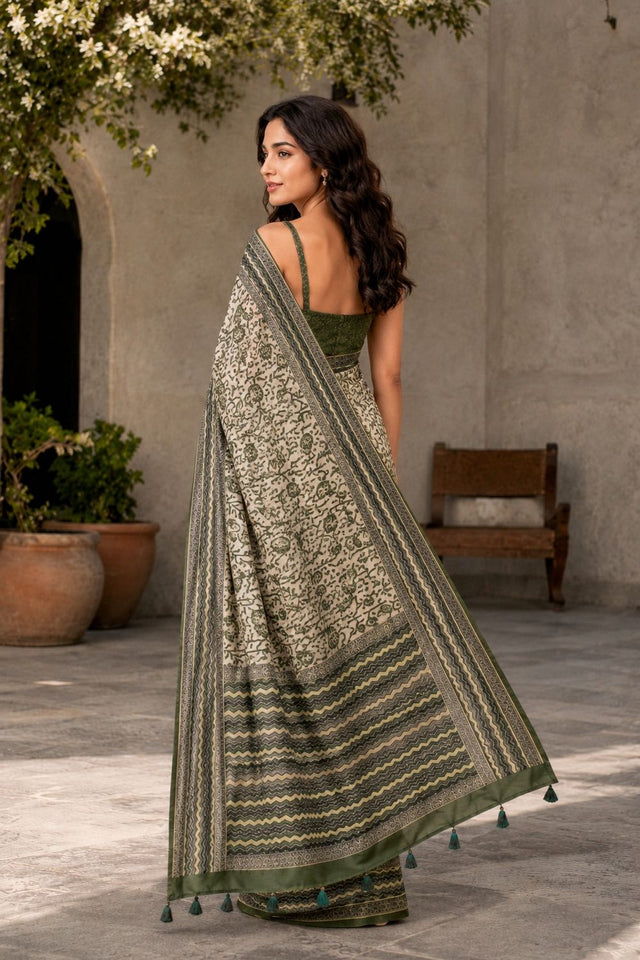 Mehendi Digital Printed Chanderi Saree (ACA8911)
