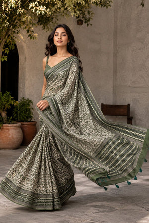 Mehendi Digital Printed Chanderi Saree (ACA8911)