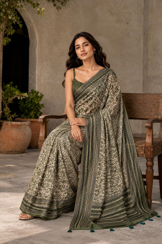 Mehendi Digital Printed Chanderi Saree (ACA8911)