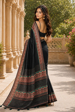 Black Digital Printed Chanderi Saree (ACA8912)