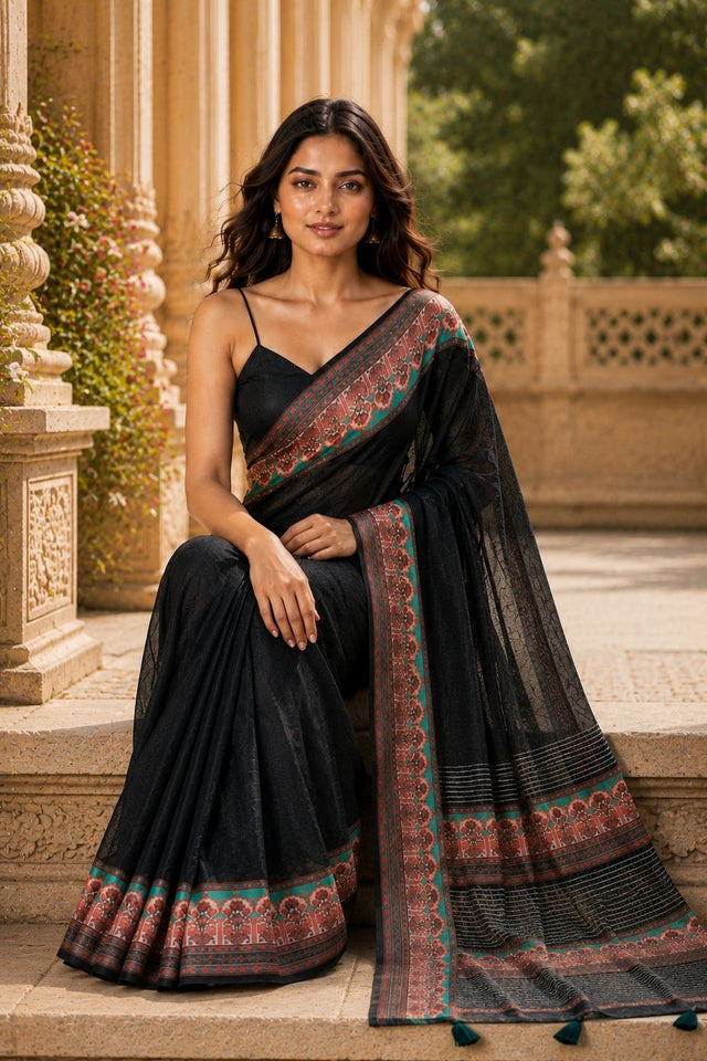 Black Digital Printed Chanderi Saree (ACA8912)
