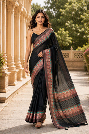 Black Digital Printed Chanderi Saree (ACA8912)