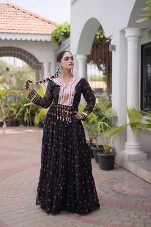 Black Geometric Printed Georgette Gown (ACA8914)