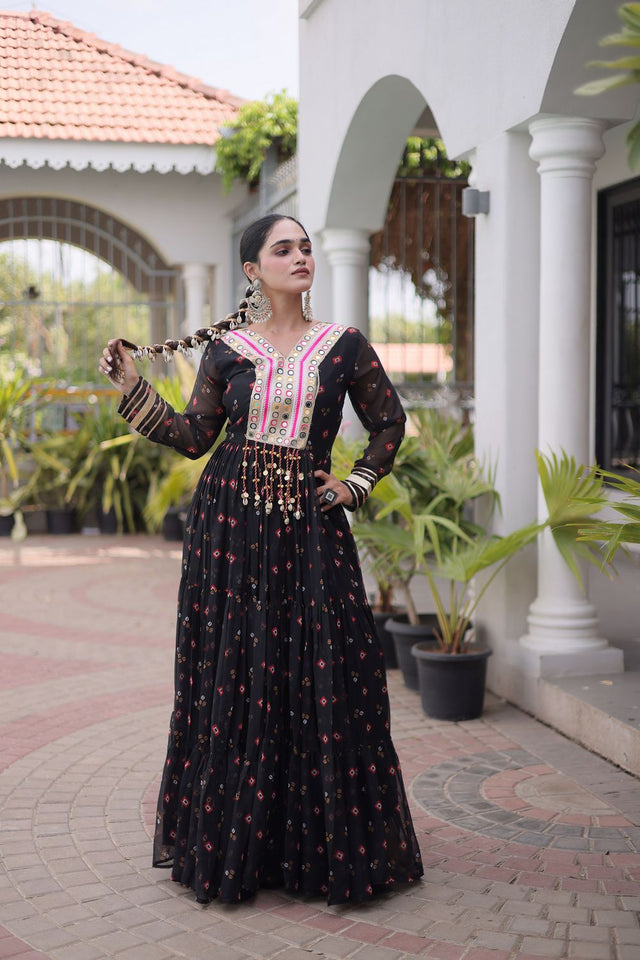 Black Geometric Printed Georgette Gown (ACA8914)