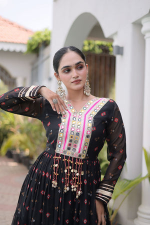 Black Geometric Printed Georgette Gown (ACA8914)