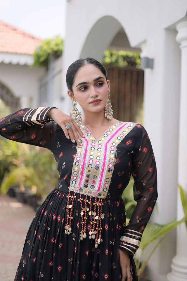 Black Geometric Printed Georgette Gown (ACA8914)