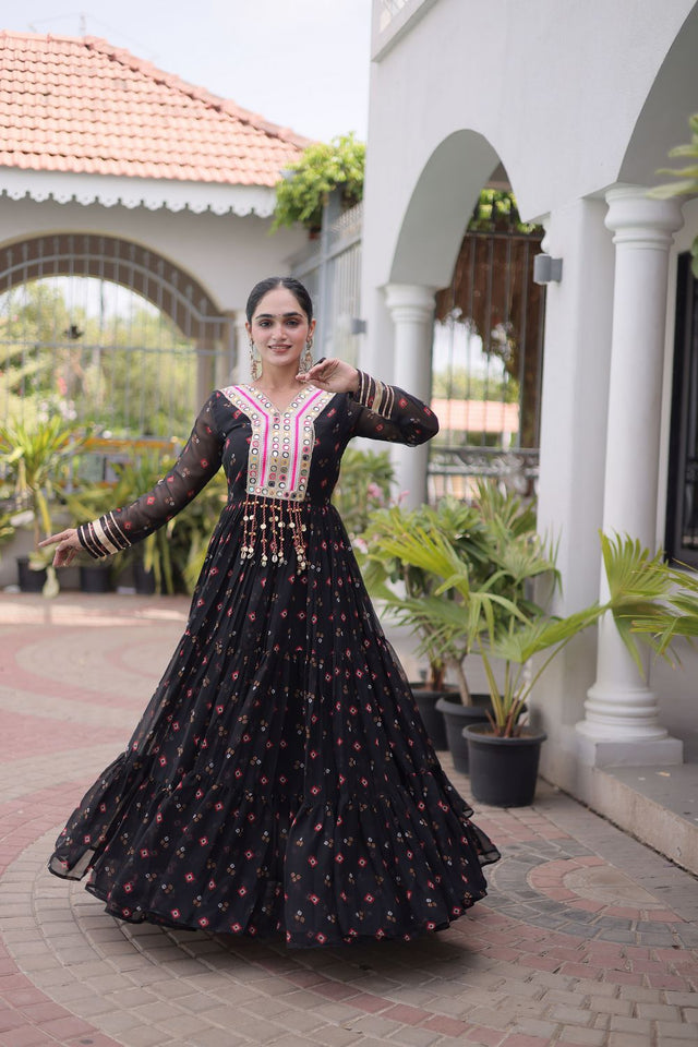 Black Geometric Printed Georgette Gown (ACA8914)