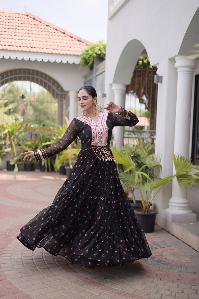 Black Geometric Printed Georgette Gown (ACA8914)