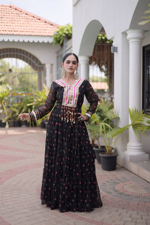Black Geometric Printed Georgette Gown (ACA8914)