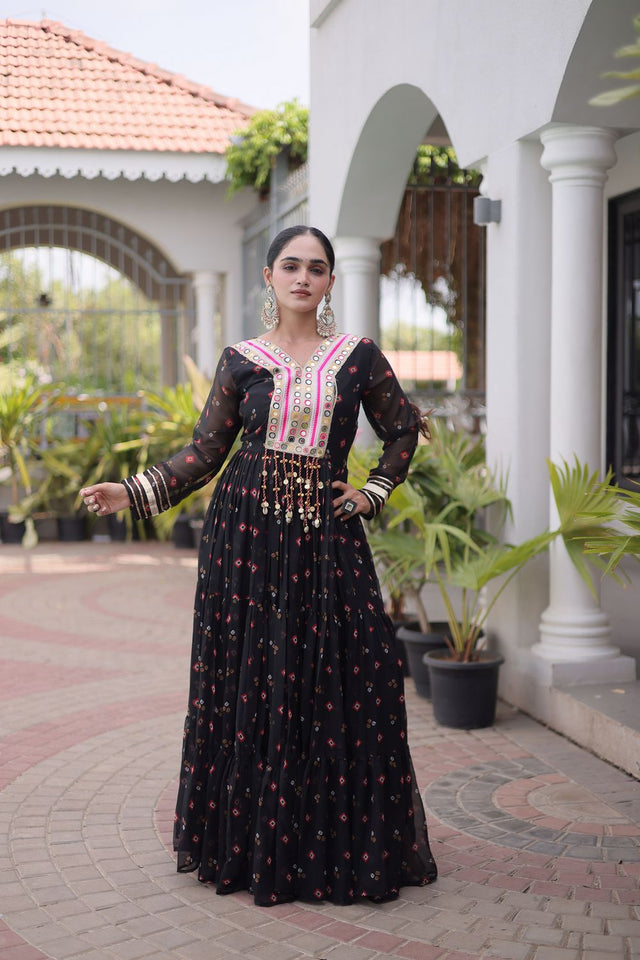 Black Geometric Printed Georgette Gown (ACA8914)