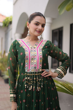 Green Geometric Printed Georgette Gown (ACA8915)