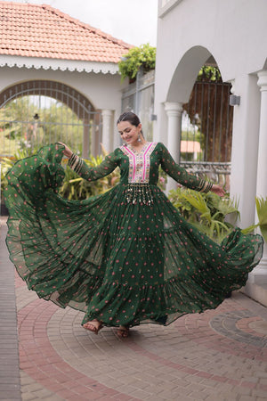 Green Geometric Printed Georgette Gown (ACA8915)