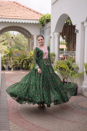 Green Geometric Printed Georgette Gown (ACA8915)