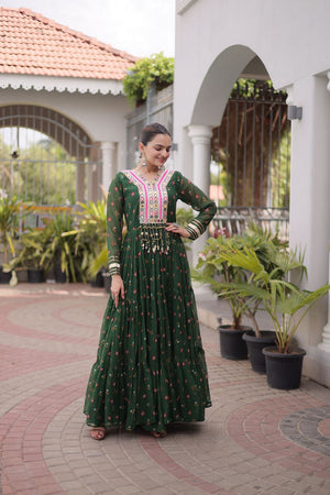 Green Geometric Printed Georgette Gown (ACA8915)