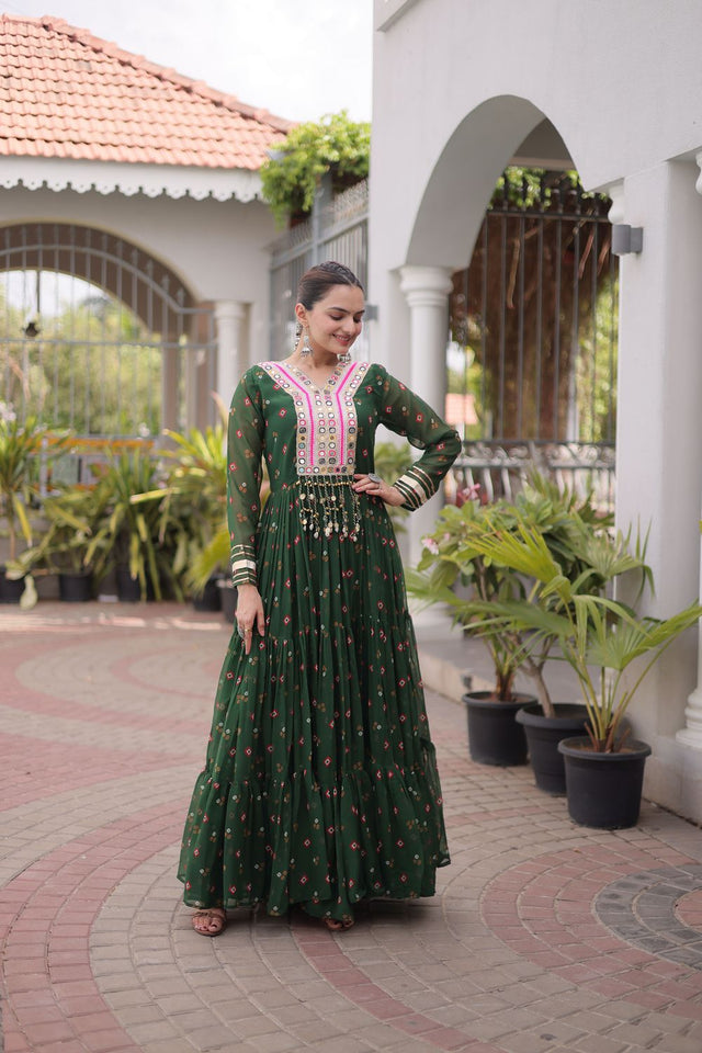Green Geometric Printed Georgette Gown (ACA8915)