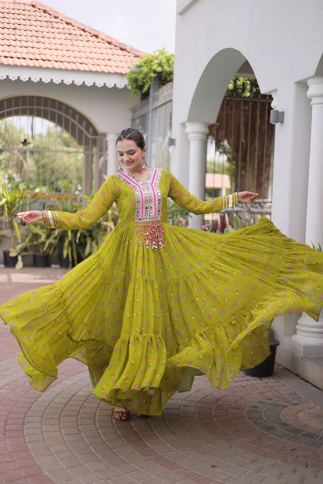 Dark Green Geometric Printed Georgette Gown (ACA8916)