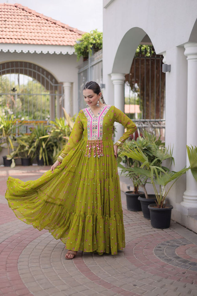 Dark Green Geometric Printed Georgette Gown (ACA8916)