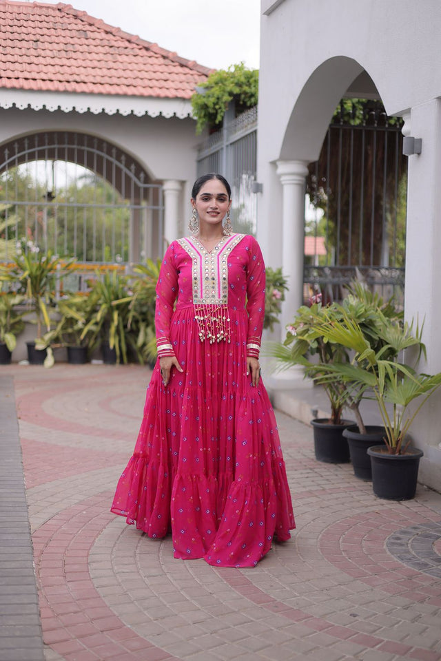 Pink Geometric Printed Georgette Gown (ACA8917)