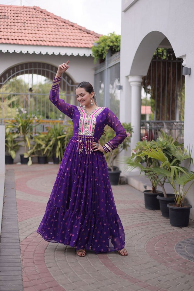 Purple Geometric Printed Georgette Gown (ACA8918)