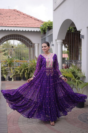 Purple Geometric Printed Georgette Gown (ACA8918)