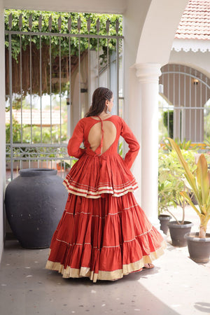 Rust Gota Patti Lace Work Cotton Lehenga (ACA8921)