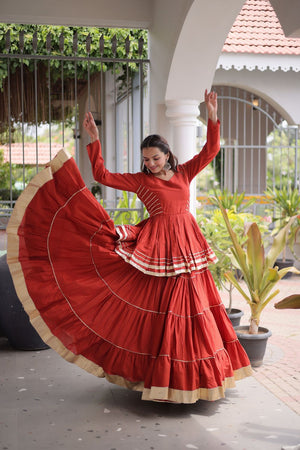 Rust Gota Patti Lace Work Cotton Lehenga (ACA8921)