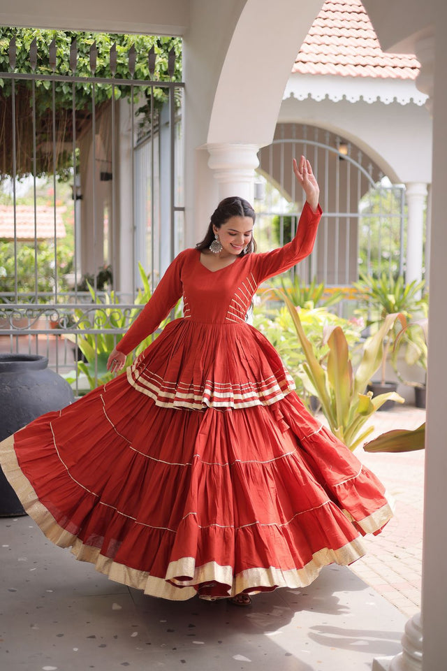 Rust Gota Patti Lace Work Cotton Lehenga (ACA8921)