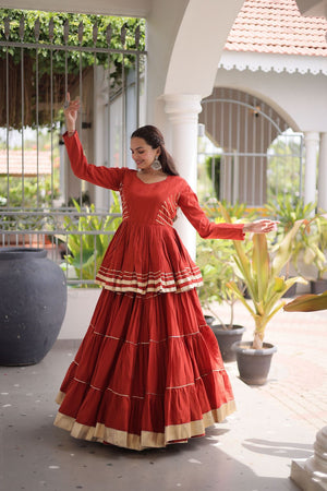Rust Gota Patti Lace Work Cotton Lehenga (ACA8921)