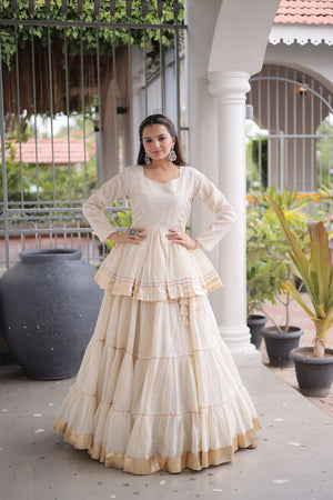 White Gota Patti Lace Work Cotton Lehenga (ACA8922)