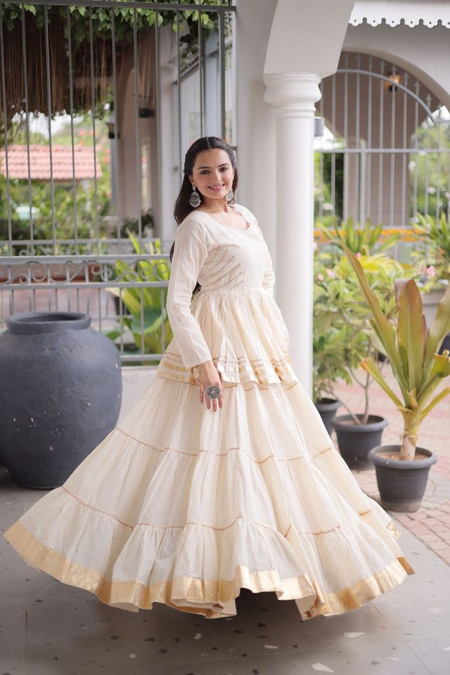 White Gota Patti Lace Work Cotton Lehenga (ACA8922)