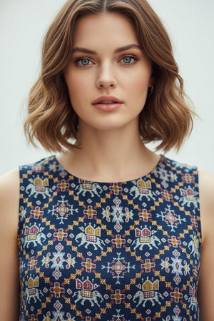 Navy Blue Printed Rayon Top (ACA8927)
