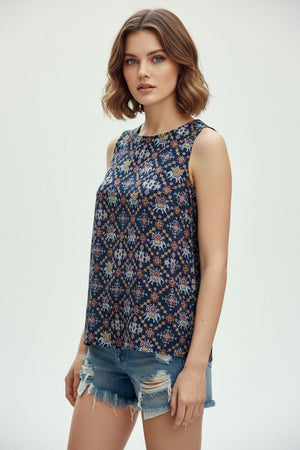 Navy Blue Printed Rayon Top (ACA8927)