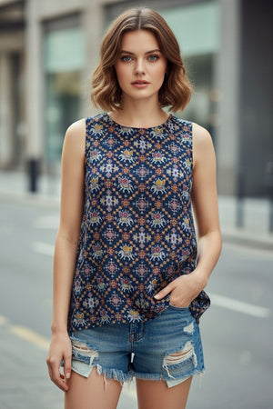 Navy Blue Printed Rayon Top (ACA8927)
