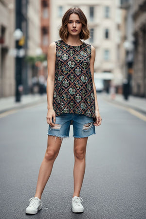 Black Printed Rayon Top (ACA8928)