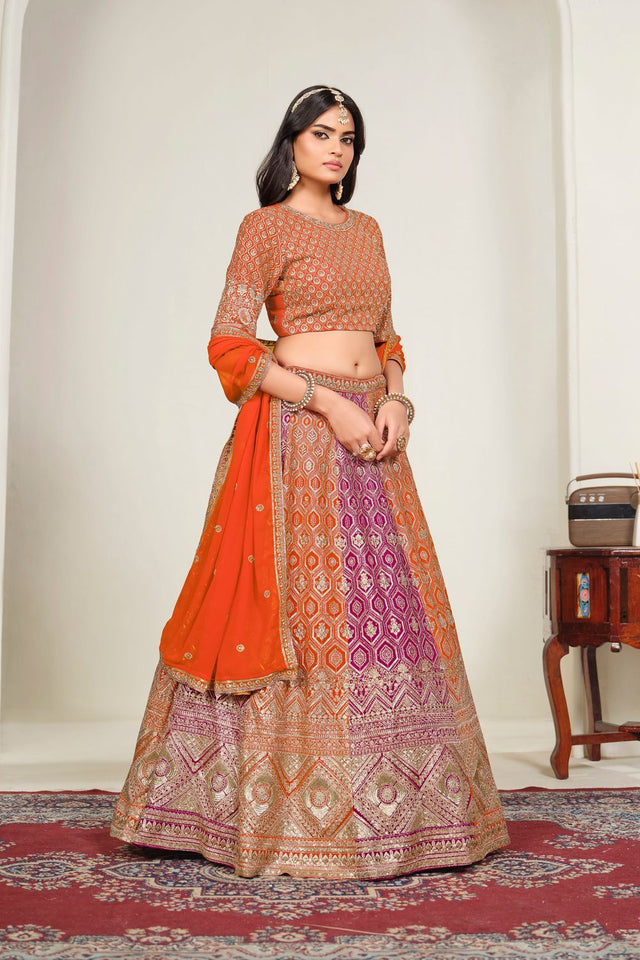 Orange Sequin with Embroidered Georgette Lehenga (ACA8933)