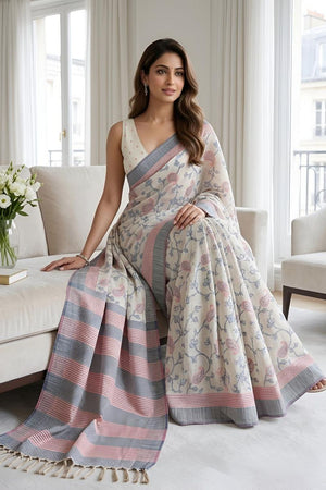 Blue Floral Woven Cotton Silk Saree (ACA8935)