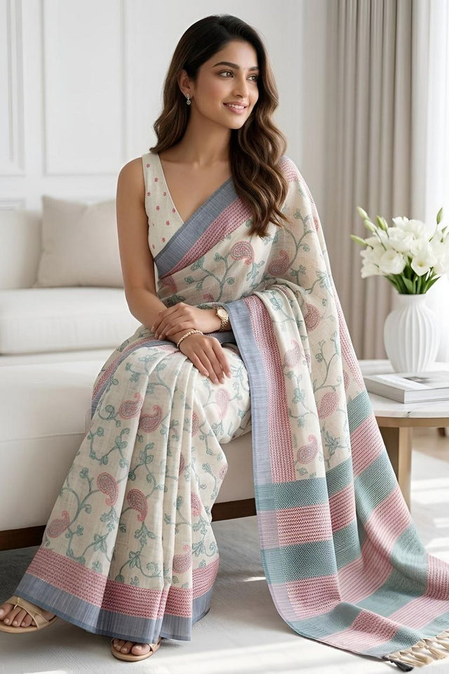 Green Floral Woven Cotton Silk Saree (ACA8936)