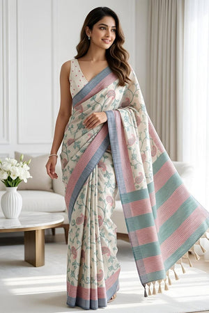 Green Floral Woven Cotton Silk Saree (ACA8936)